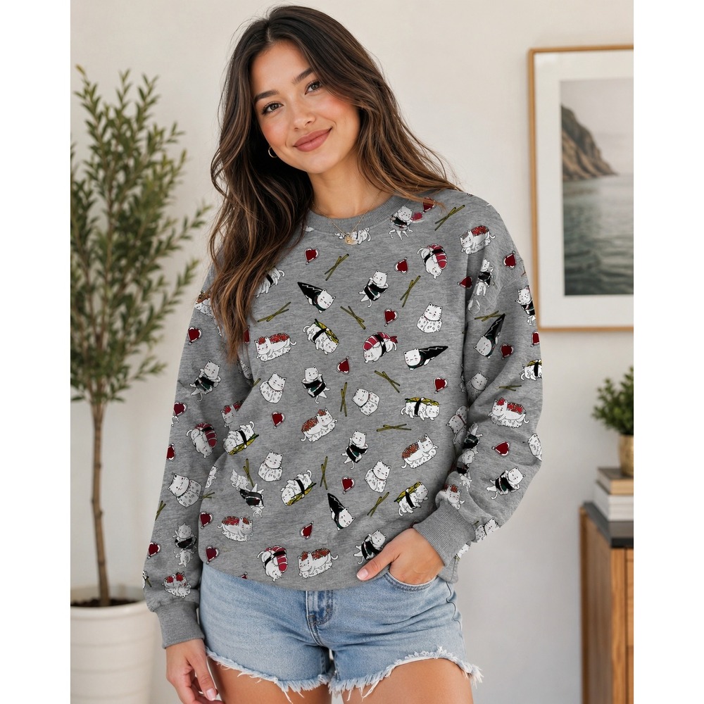 k274. Gray Sushi Cat Print Sweatshirt Kawaii Graphic Pullover Size XL